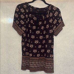 Lucky Brand Brown and Pink Embellished Short Sleeve Blouse